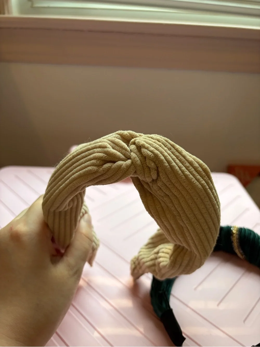 Pleated Knot Headbands in Forest Green and Cream